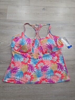 Catalina Halter Tankini Swim Top 3X 22W-24W Braided Neon Multicolor Tropical New